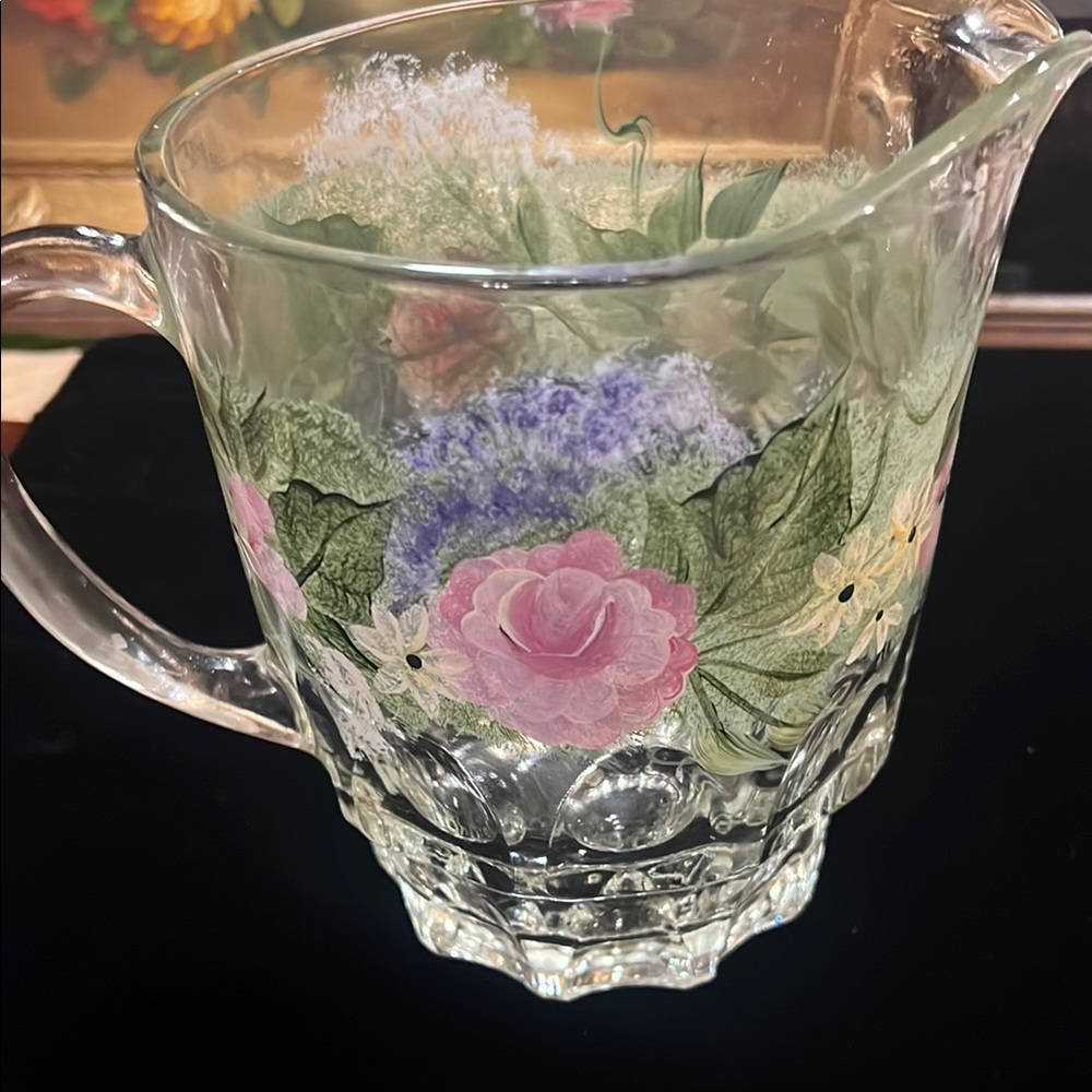 Charming Hand-Painted Floral Glass Pitcher